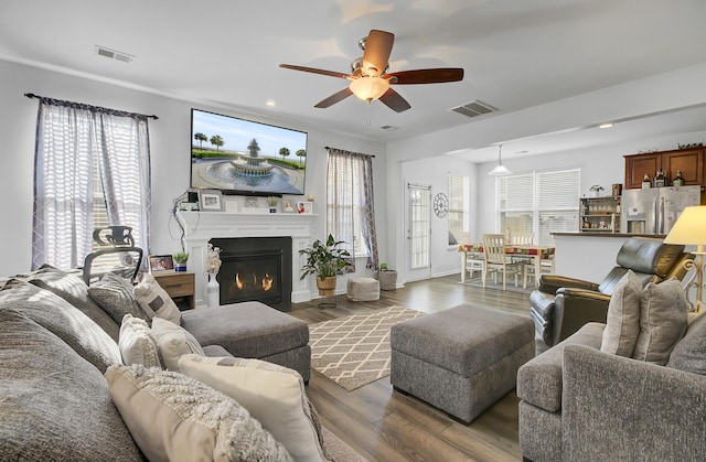 living room with visible vents, a large fireplace, a ceiling fan, and wood finished floors