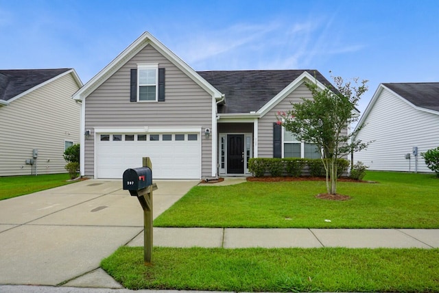 view of front of home featuring a garage and a front lawn