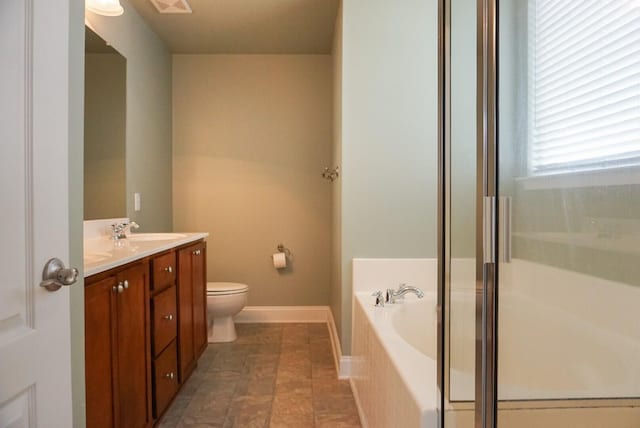 full bathroom with vanity, independent shower and bath, and toilet