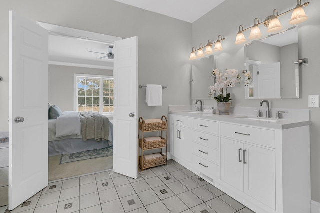 bathroom with vanity, tile patterned floors, and ceiling fan