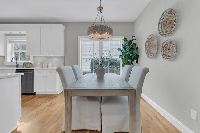 dining space featuring sink and light hardwood / wood-style floors