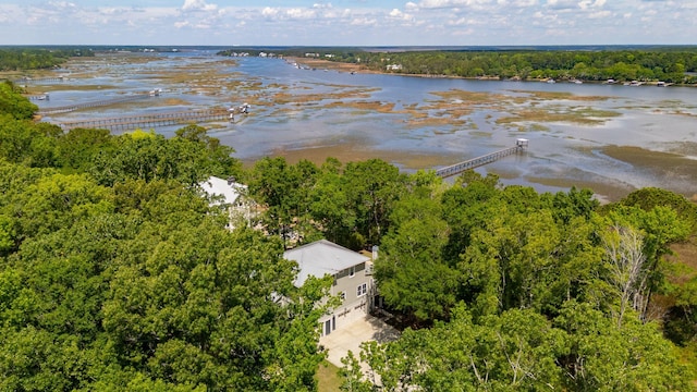drone / aerial view of a large body of water and a heavily wooded area