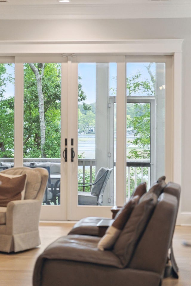 living room with french doors, wood finished floors, and crown molding