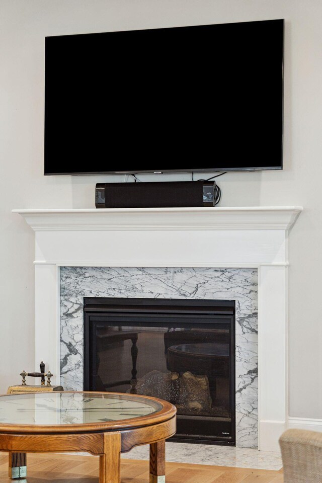 detailed view of a fireplace and wood finished floors