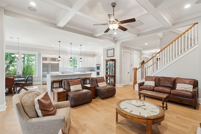 living area featuring a ceiling fan, light wood finished floors, recessed lighting, baseboards, and coffered ceiling