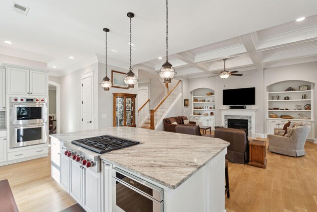 kitchen featuring stainless steel appliances, a fireplace, light wood finished floors, recessed lighting, and a ceiling fan