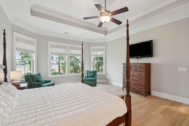 bedroom featuring light wood-type flooring, multiple windows, a raised ceiling, baseboards, and ornamental molding
