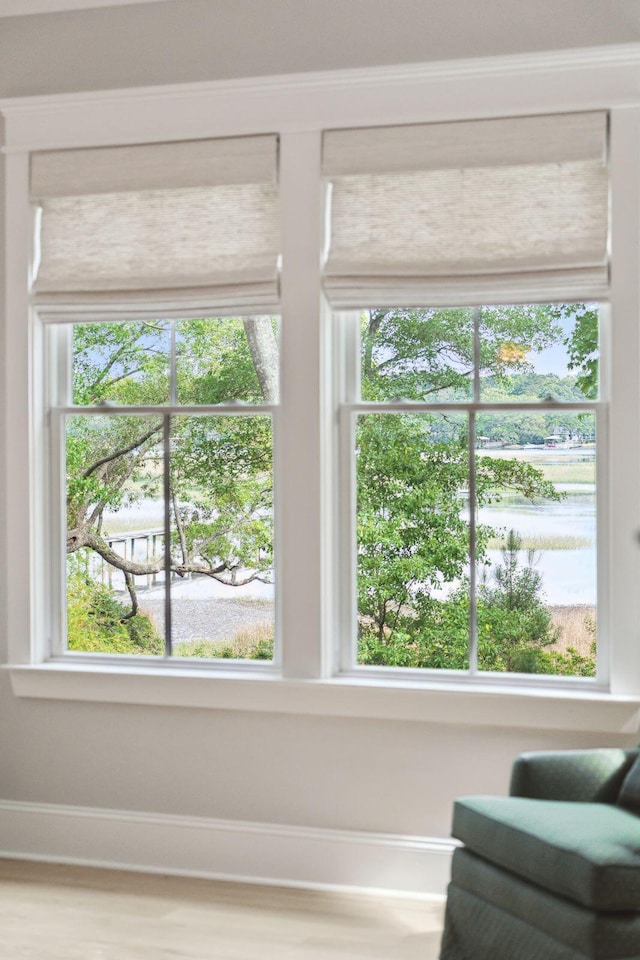 sitting room featuring baseboards, wood finished floors, and a water view