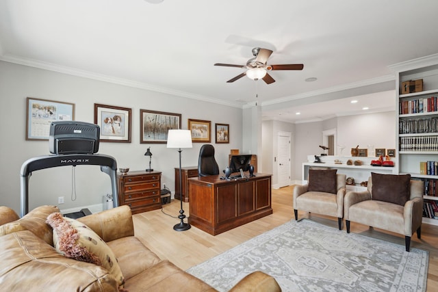 office with light wood-type flooring, ceiling fan, recessed lighting, ornamental molding, and baseboards