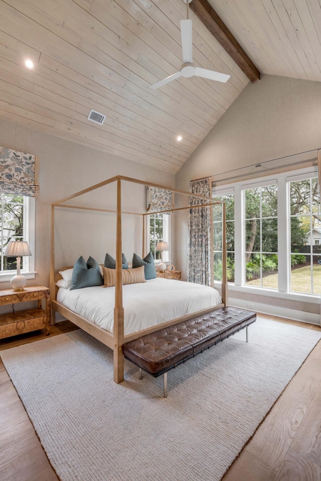 bedroom featuring hardwood / wood-style flooring, wood ceiling, multiple windows, and beamed ceiling