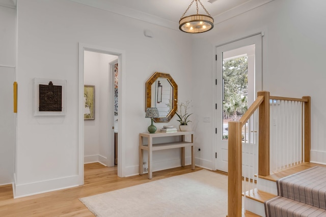 foyer featuring crown molding and wood-type flooring