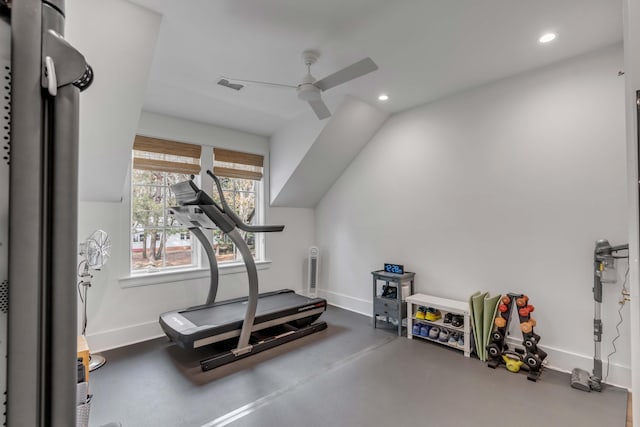 exercise area with vaulted ceiling and ceiling fan