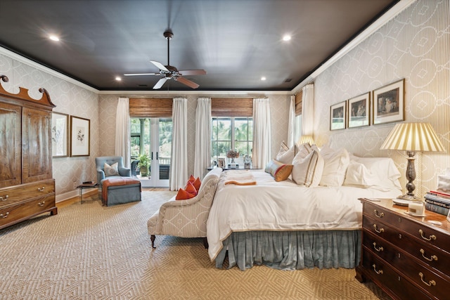 bedroom with crown molding, recessed lighting, baseboards, and wallpapered walls