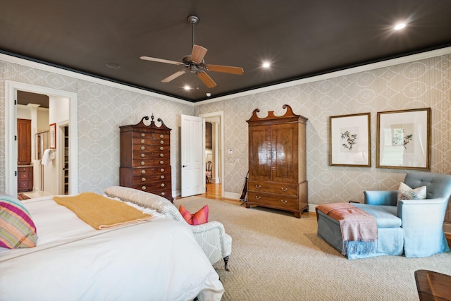 bedroom with ceiling fan, recessed lighting, carpet flooring, wallpapered walls, and crown molding