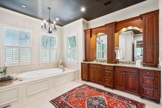 full bathroom featuring a garden tub, crown molding, visible vents, a sink, and tile patterned flooring