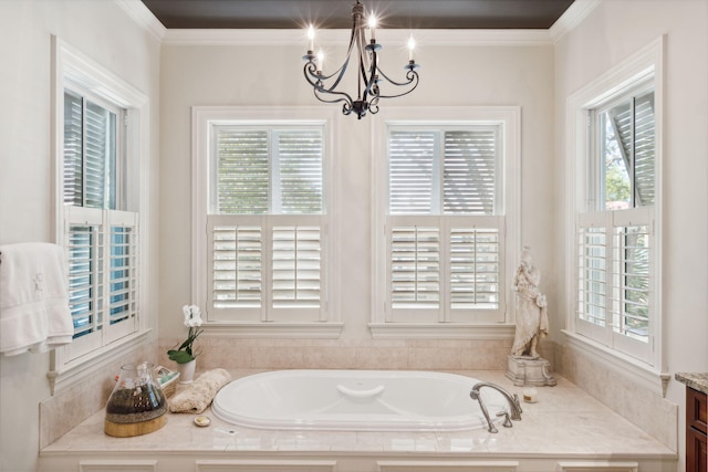 full bathroom with an inviting chandelier, ornamental molding, and a garden tub