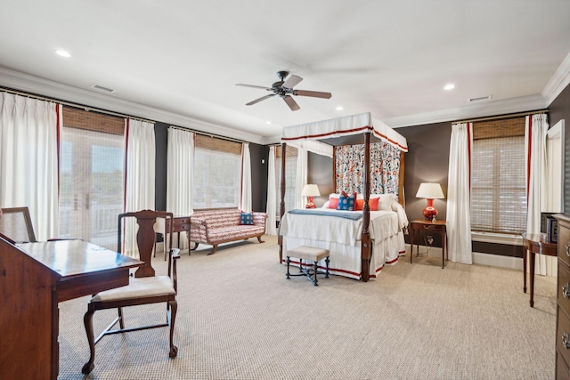 carpeted bedroom featuring ornamental molding, recessed lighting, visible vents, and a ceiling fan