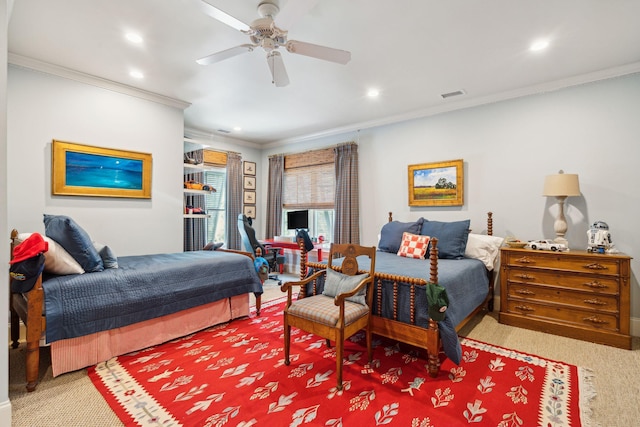 bedroom with carpet floors, ornamental molding, visible vents, and recessed lighting