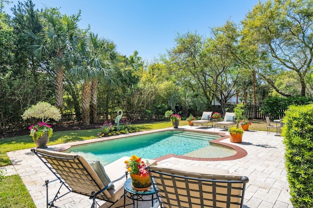 view of swimming pool featuring a patio area, fence, and a fenced in pool