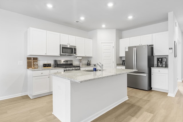 kitchen with a sink, visible vents, white cabinets, appliances with stainless steel finishes, and an island with sink