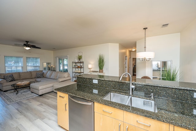 401 S Elgin Ct Unit 401, Charleston, SC 29414 - kitchen featuring a sink, stainless steel dishwasher, light wood-style floors, dark stone countertops, and a ceiling fan