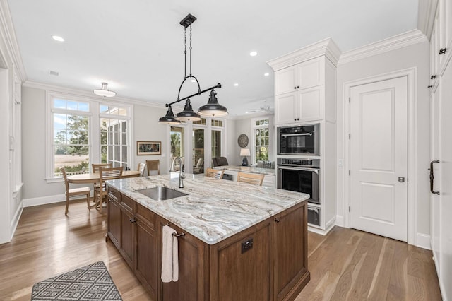 kitchen with crown molding, plenty of natural light, light wood-type flooring, and a sink