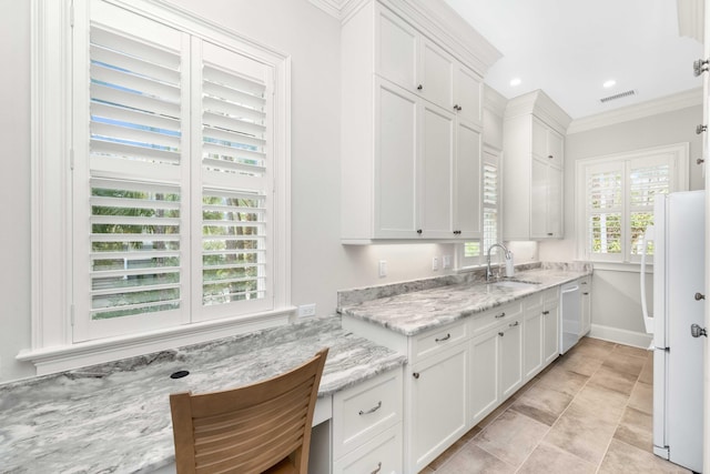 kitchen with a sink, visible vents, dishwasher, and white cabinets