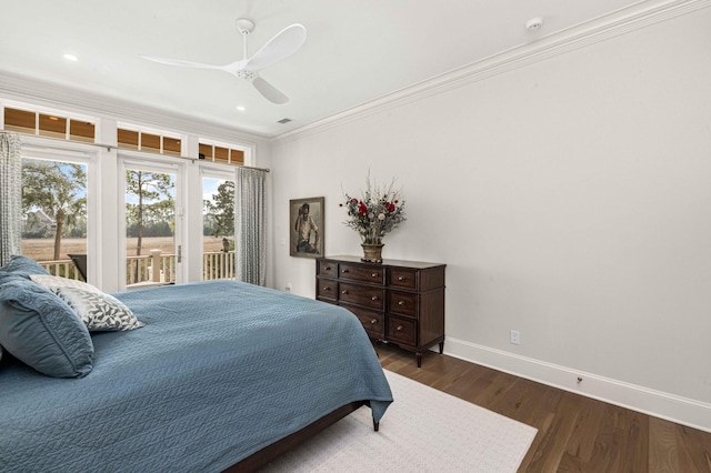 bedroom featuring dark wood-type flooring, ornamental molding, access to exterior, baseboards, and ceiling fan