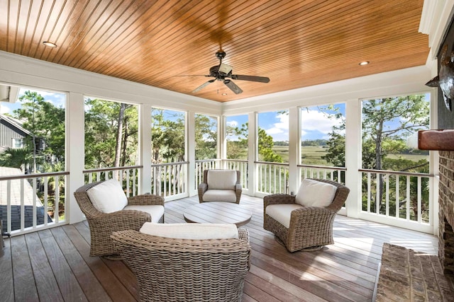 sunroom with wooden ceiling and a ceiling fan