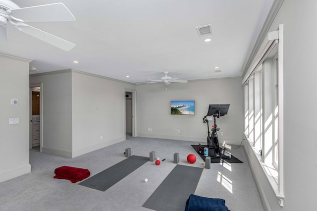 exercise area featuring carpet, visible vents, recessed lighting, ceiling fan, and crown molding