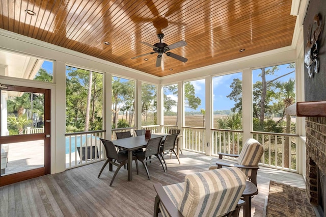 sunroom with wood ceiling and ceiling fan