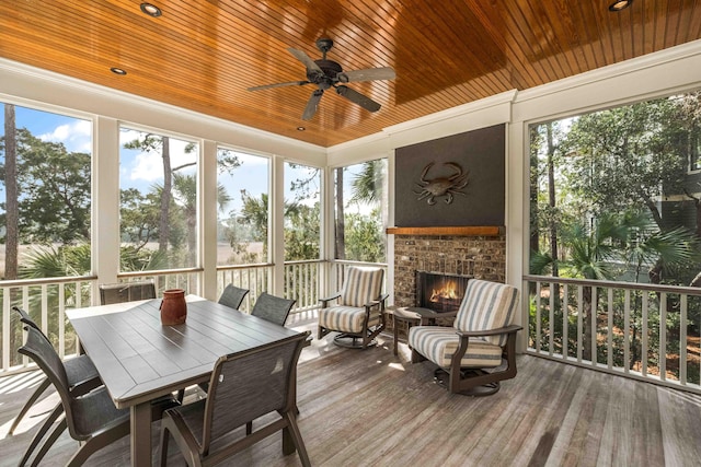 sunroom with a healthy amount of sunlight, wooden ceiling, and a fireplace