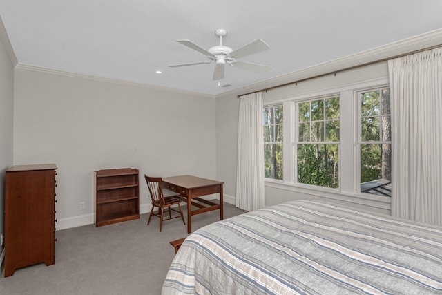 bedroom featuring ceiling fan, baseboards, carpet, and ornamental molding