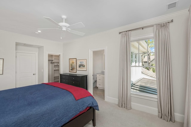 bedroom featuring light carpet, visible vents, baseboards, and ornamental molding