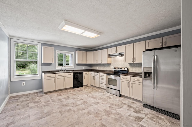 225 Baxter Ln, Walterboro, SC 29488 - kitchen with stainless steel appliances, a sink, dark countertops, under cabinet range hood, and a textured ceiling