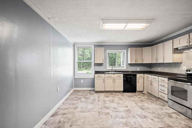 225 Baxter Ln, Walterboro, SC 29488 - kitchen featuring dishwasher, stainless steel electric range, a sink, under cabinet range hood, and a textured ceiling