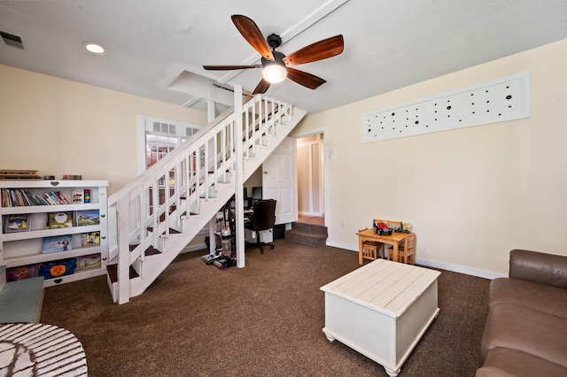 225 Baxter Ln, Walterboro, SC 29488 - carpeted living area with stairway, ceiling fan, baseboards, and recessed lighting