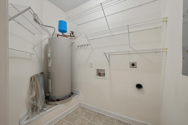 115 Golfview Ln, Summerville, SC 29485 - laundry room featuring electric dryer hookup, water heater, baseboards, hookup for a washing machine, and tile patterned floors