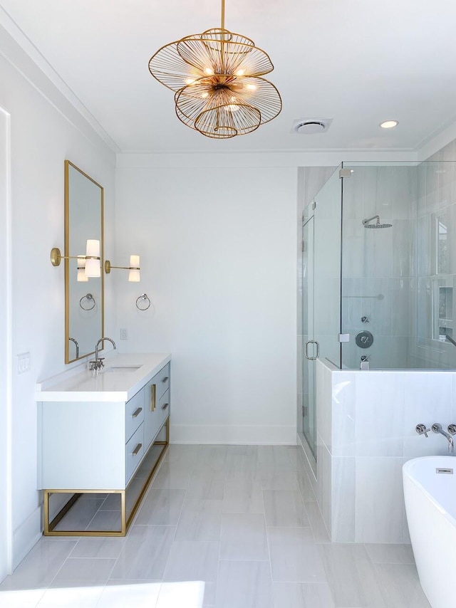 bathroom with vanity, shower with separate bathtub, tile patterned flooring, and ornamental molding