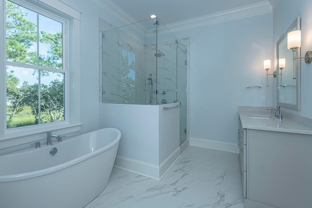 bathroom featuring independent shower and bath, vanity, and ornamental molding