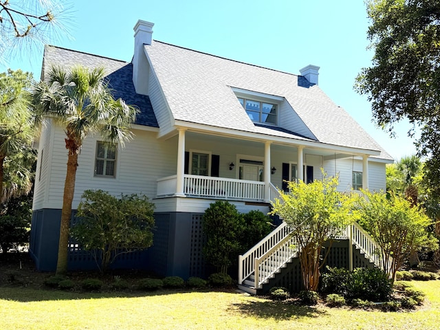 view of front of home with a chimney, stairway, a front lawn, and covered porch
