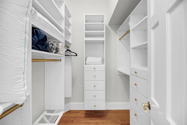 walk in closet with wood finished floors