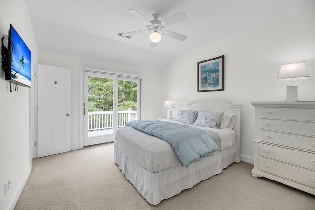 bedroom featuring access to outside, light colored carpet, lofted ceiling, baseboards, and ceiling fan