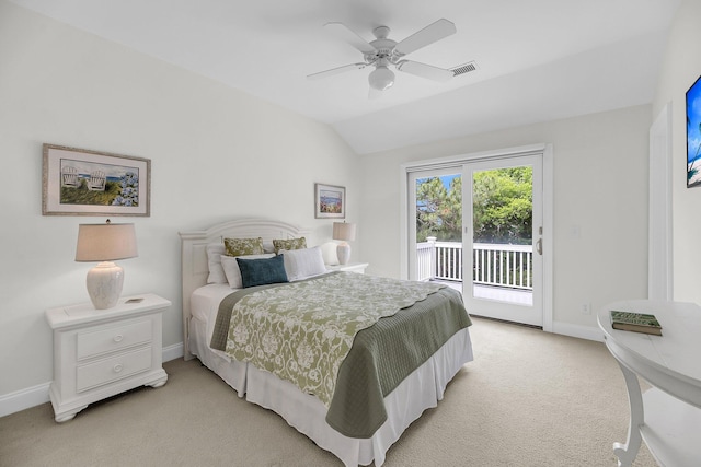 bedroom featuring light colored carpet, access to outside, baseboards, lofted ceiling, and ceiling fan