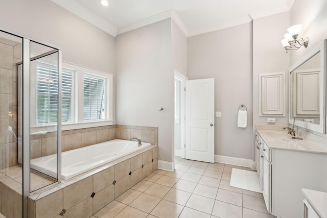 1407 Wando View St, Daniel Island, SC 29492 - bathroom with vanity, a garden tub, tiled shower, and tile patterned floors