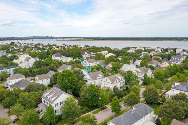 1407 Wando View St, Daniel Island, SC 29492 - aerial perspective of suburban area featuring a notable bridge and a nearby body of water