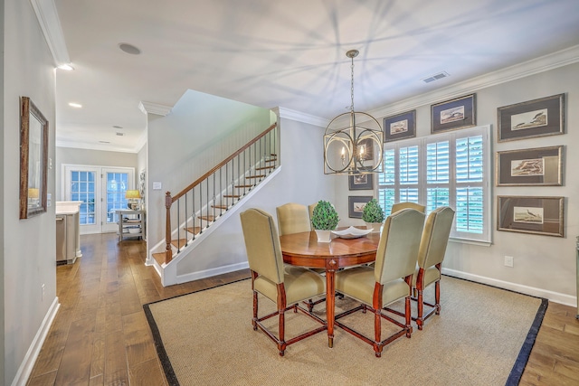 3152 Riverine, Charleston, SC 29414 - dining room with stairs, ornamental molding, hardwood / wood-style floors, a chandelier, and plenty of natural light