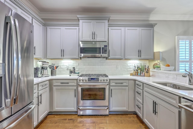 3152 Riverine, Charleston, SC 29414 - kitchen featuring stainless steel appliances, a sink, crown molding, gray cabinets, and light countertops