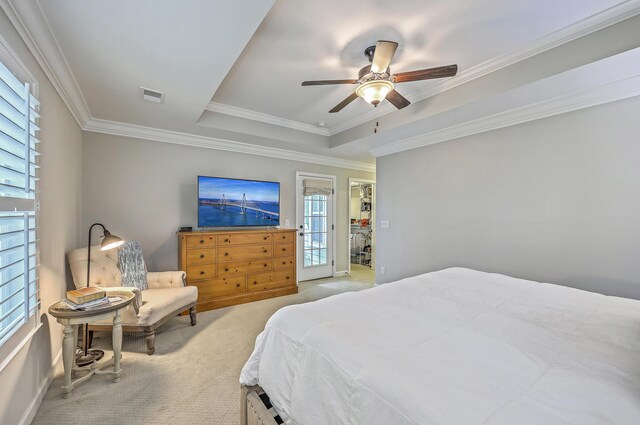 3152 Riverine, Charleston, SC 29414 - bedroom featuring light carpet, a tray ceiling, ornamental molding, a ceiling fan, and baseboards