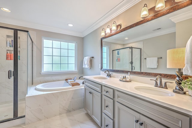 3152 Riverine, Charleston, SC 29414 - full bathroom featuring a garden tub, a shower stall, double vanity, recessed lighting, and marble finish flooring